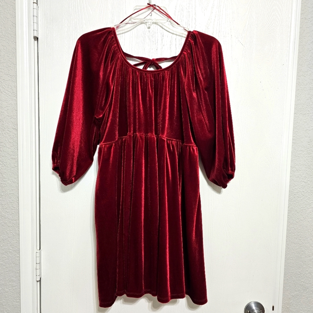Chelsea & Violet Crushed Red Velvet Round neckline Lace-Up Back Dress Size S
